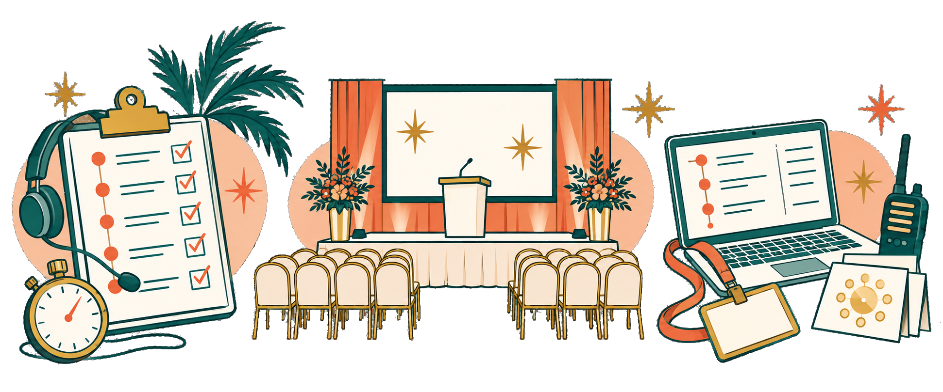 Illustrations of event planning, production, and technology tools